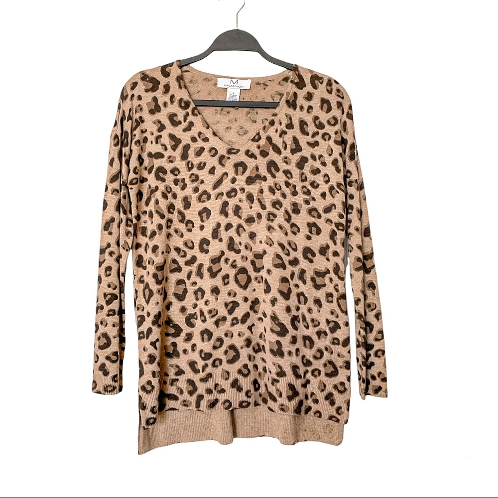 Magaschoni Leopard Animal Print Cashmere Blend Tan Brown Knit Sweater Size Small
